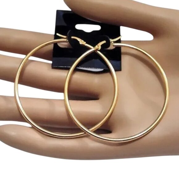 2 Inch 50mm Thin Hoop Pierced Post Earrings Gold Tone 2mm Band - Picture 3 of 5